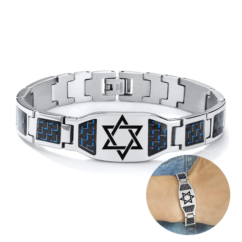 Carbon Fiber Bracelet Men Custom Star of David Logo Stainless Steel Hand Chain ID Bracelets For Dad Boyfriend Gift