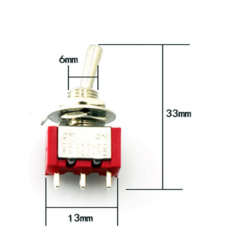 Mini interruptores de palanca de reajuste automático, accesorio rojo de 3 pines, 6mm, 2/3 posiciones, ON-(ON)DPDT, 6A/125V 3A/250V AC MTS-112, 1/5