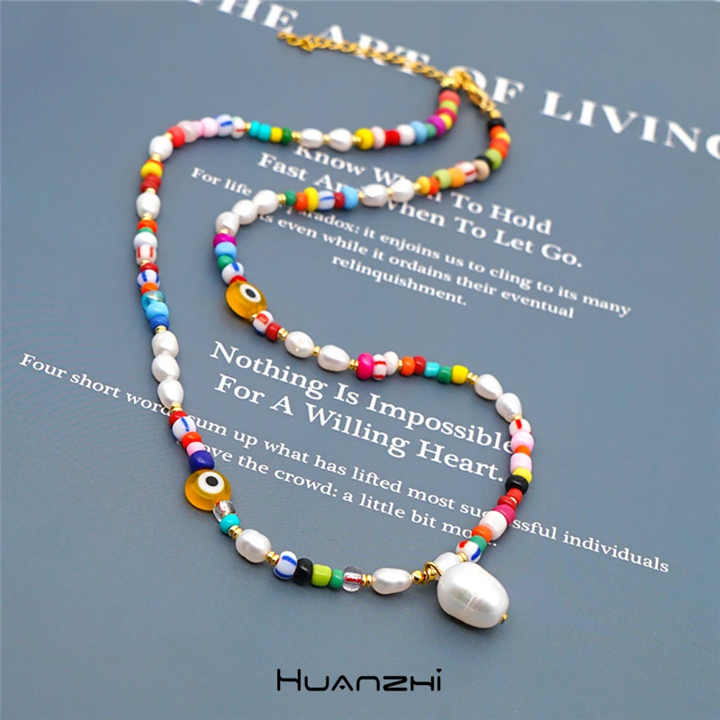 HUANZHI 2020 New Freshwater Pearls Pendant Transparent Beaded Colorful Bead Evil Eye Necklace for Women Beach vacation Jewelry