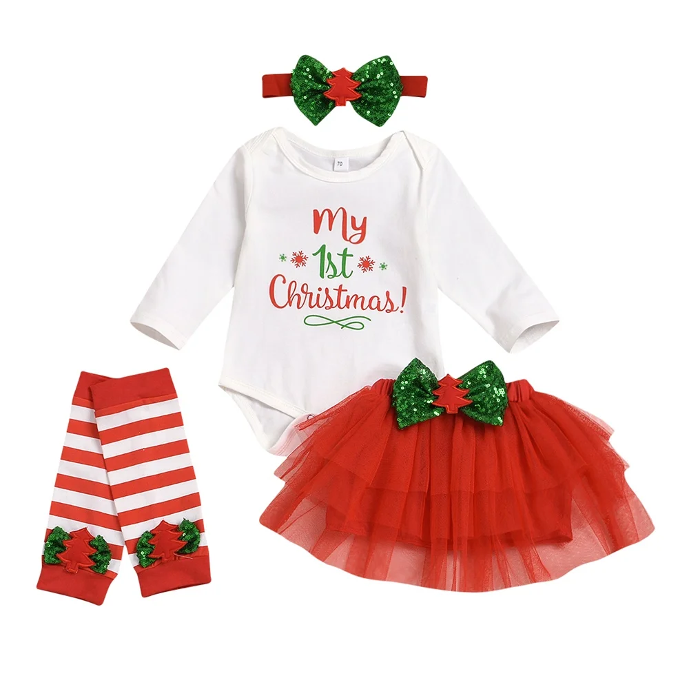 Newborn Kids Baby Girls My 1st Christmas Set Long Sleeve Romper+Tutu Skirt+Leg Warmers+Headband Set Xmas Party Clothes Outfit