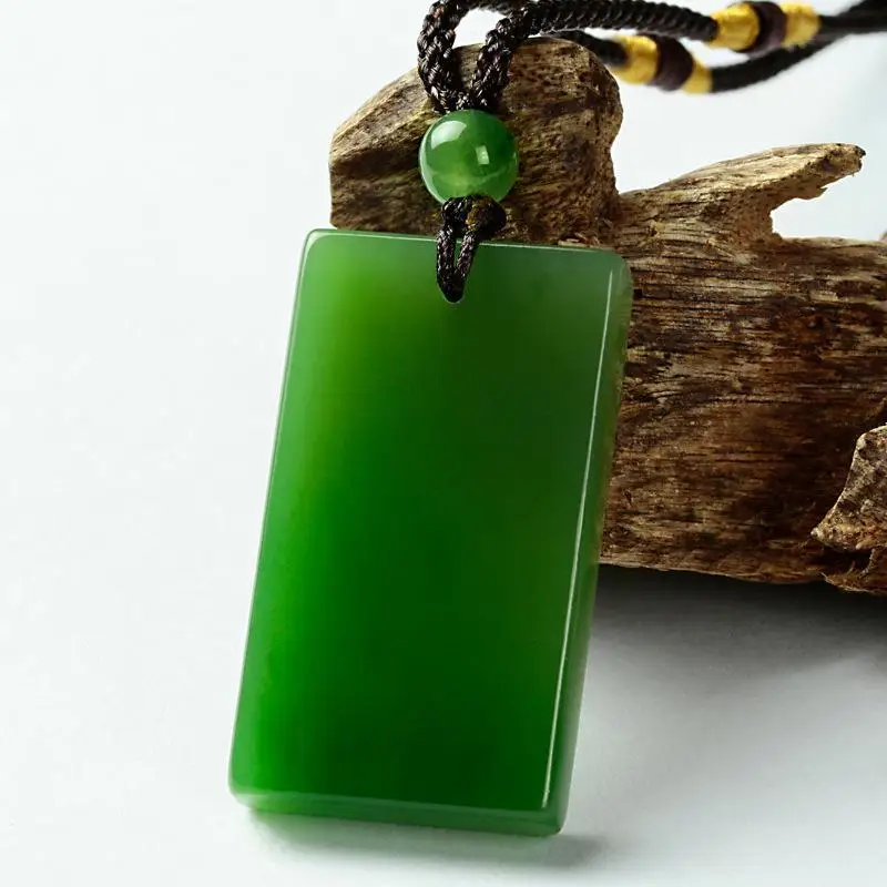 Natural Green Jade Rectangular Smooth Necklace Pendant Women Men Genuine Hetian Jades Stone Charms Amulet Gifts For Ladies