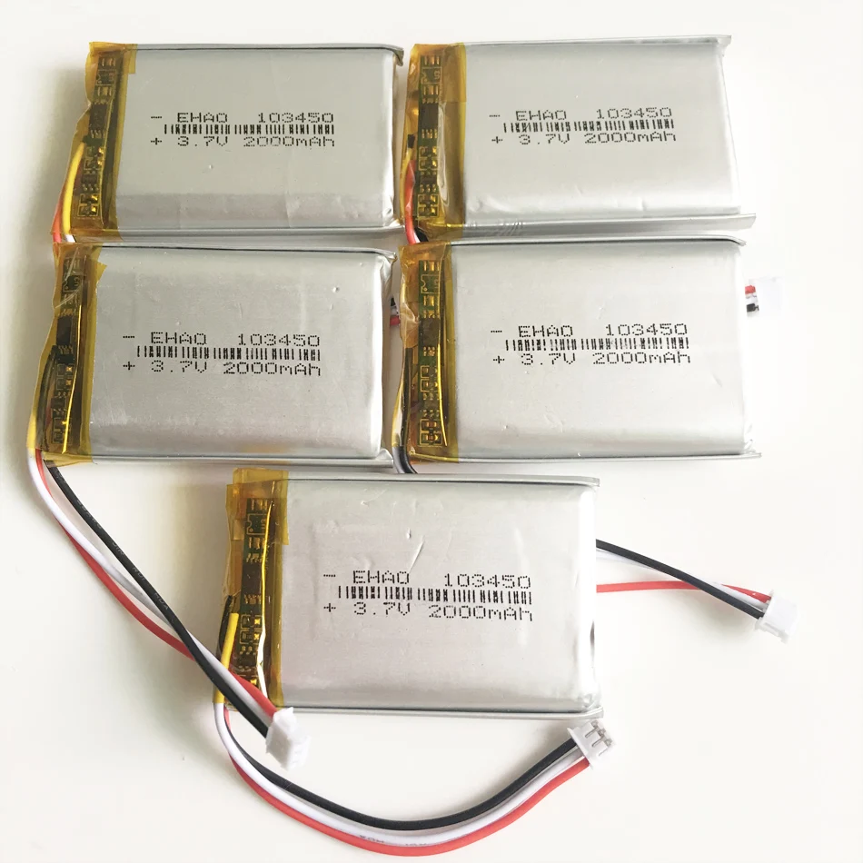 5 szt. Akumulator 3.7V 2000mAh Lipo 103450 z wtyczką JST 1.5mm 3pin do rękawice rozgrzewające nawigacja GPS kamery e-book DVD