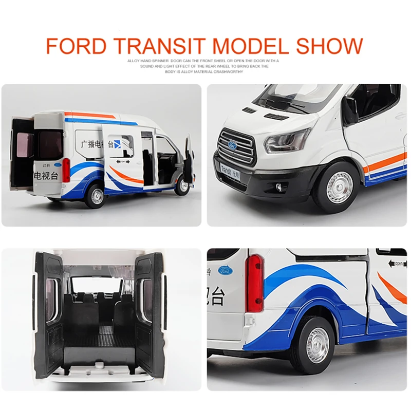 1:34 FORD Transit Alloy Multi-Purpose Vehicles Car Model Diecast Metal Toy Car Model Simulation Sound Light Collection Kids Gift