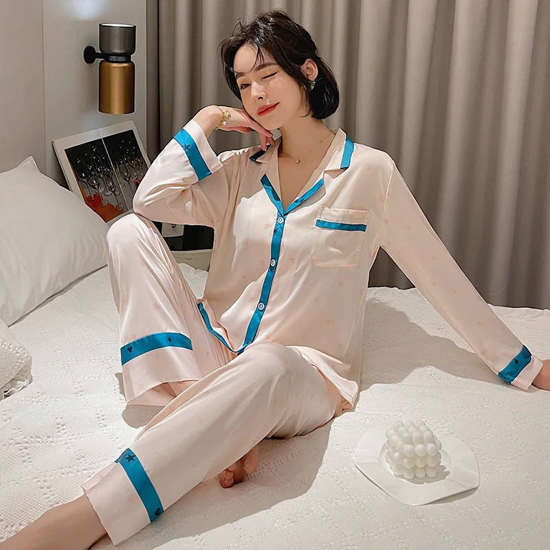 

Satin Pajamas Suit Female 2PCS Pyjamas Set Loose Nightwear Casual Sleepwear Lapel Shirt&Pants Suit Sexy Home Clothes Lingerie