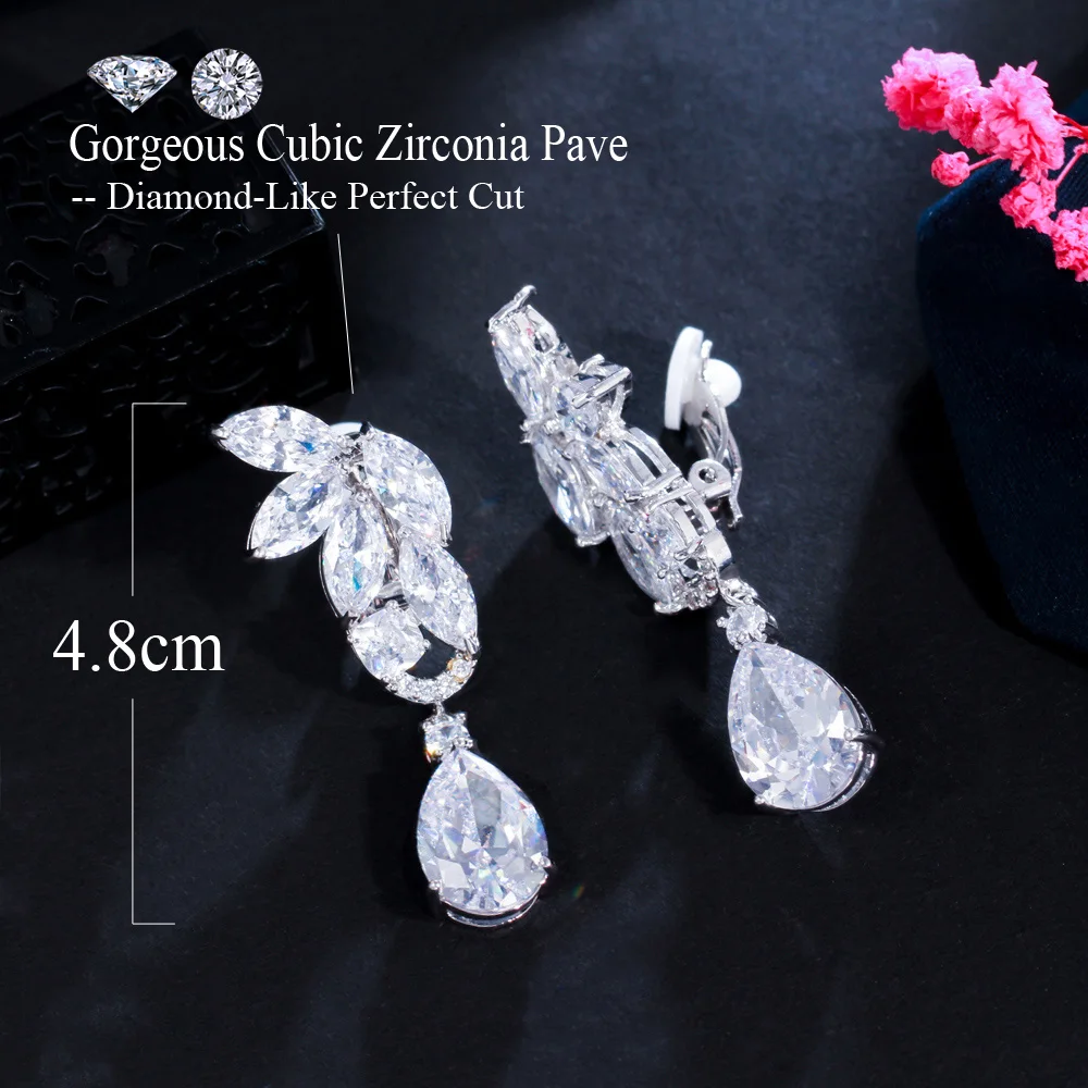 CWWZircons High Quality CZ Crystal Women Wedding Party Jewelry Big Long Water Drop Clip On Non Pierced Earrings With Clips CZ113