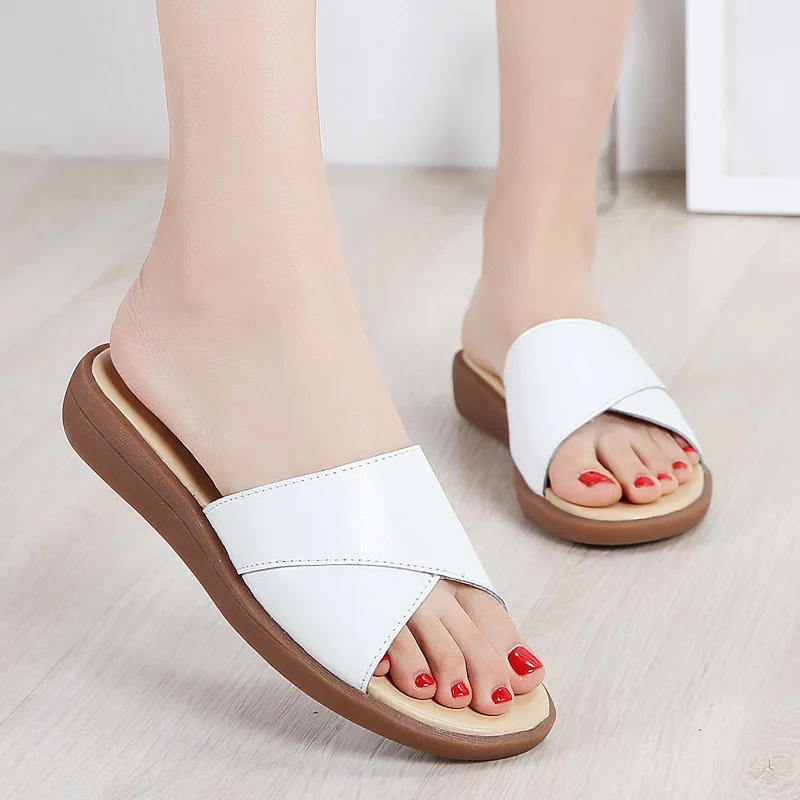 

Genuine Leather Cow Leather Slippers Women Summer Shoes Woman Flats Slides High Quality Fashion Slippers Ladies Plus Size Shoes