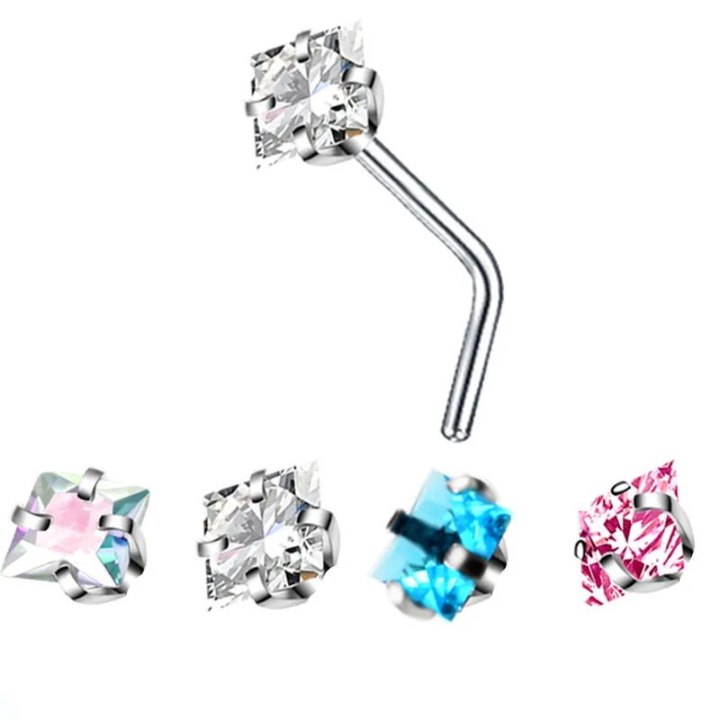 Crystal L Shape Nose Stud Set Stainless Steel