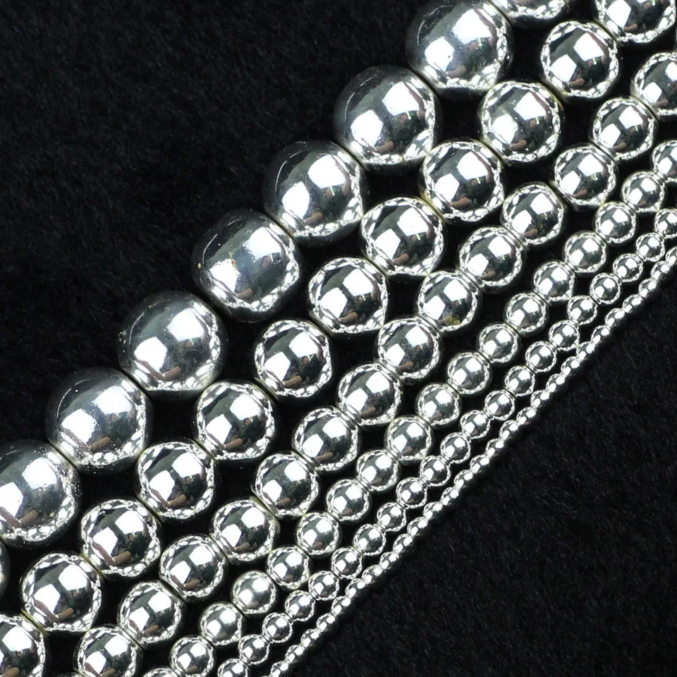 JHNBY White Gold Color Round Hematite Beads 2/3/4/6/8/10mm Natural Stone Loose Beads Jewelry bracelets Necklace DIY Accessories