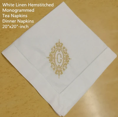 

Set of 12 Fshion Monogrammed Dinner Napkins White linen Hemstitch Table Napkins 20"x20"Ladder Embroidered Initial C Tea Napkins