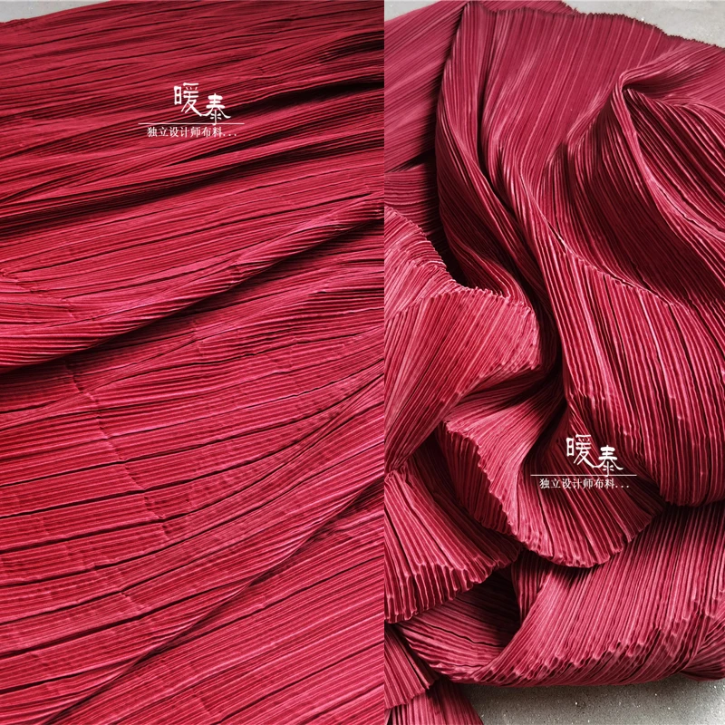 

Pleated Fabric Wine-red Striped Folds Imitation Cotton Linen DIY Patches Art Painting Decor Skirt Dress Clothes Designer Fabric