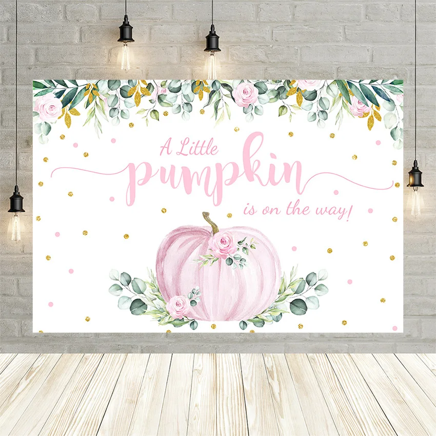 Avezano Fall Pink Pumpkin Baby Shower Backdrops Eucalyptus Leaves Gold Polka Dots Newborn Girl Photography Background Photophone