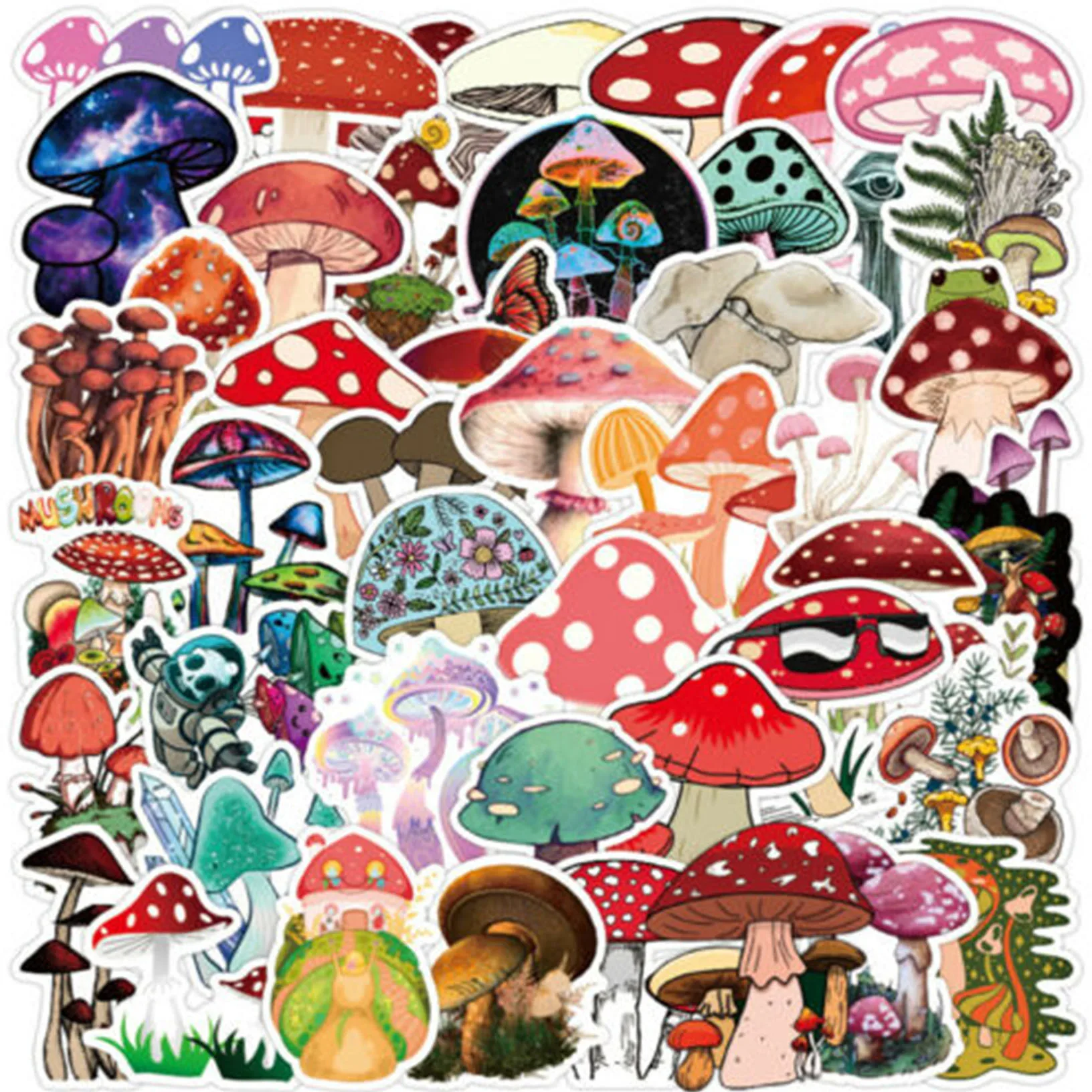 50Pcs Cute Plant Mushroom Stickers For Laptop Skateboard Helmet Luggage Wall Diy