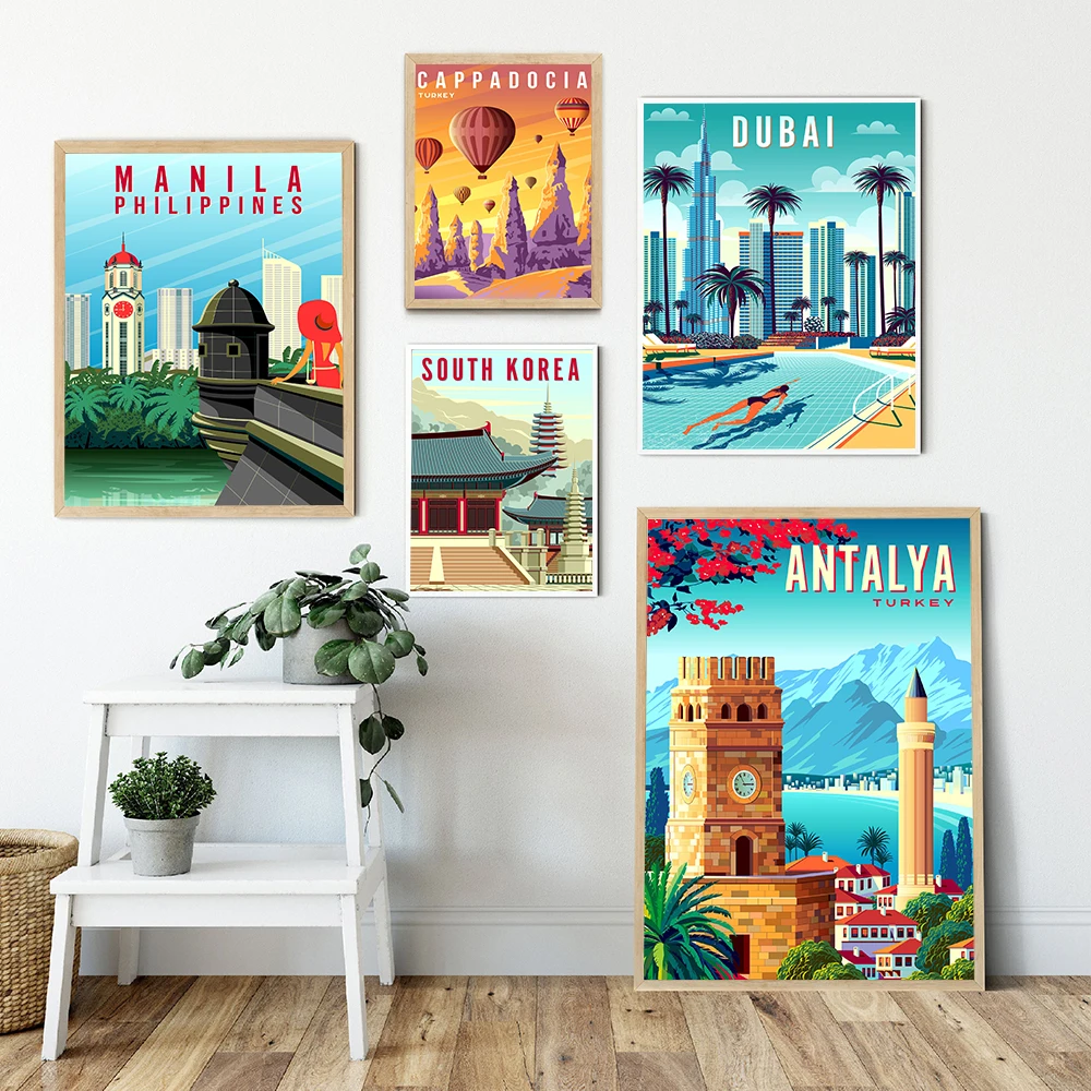 Canvas Painting Turkey Dubai South Korea Israel Philippines Vintage Travel Cities Landscape Poster and Print Wall Decor Pictures