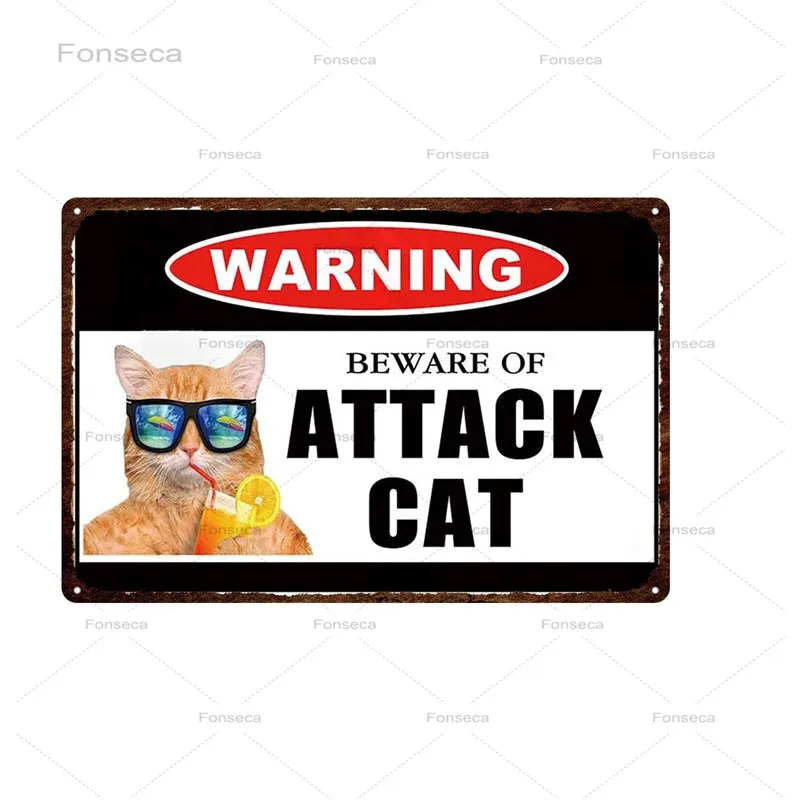 Warning Pet Signs Metal Beware Of Attack Cat Tin Poster  Vintage Animal Plate For Wall Art Retro Home Room Decoration 30X20CM