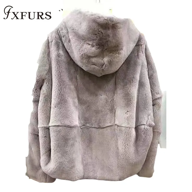 2020 Natural Real Rex Rabbit Fur Coat Whole Skin Fur Clothing Women Winter Hooded Short Jacket Long-sleeved Outerwear Coat Solid