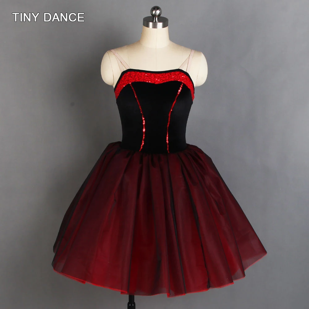 Black and Red Long Ballet Dance Tutu Black Stretch Velvet Bodice with Attached Romantic Tutu Skirt 11 sizes Available 20147