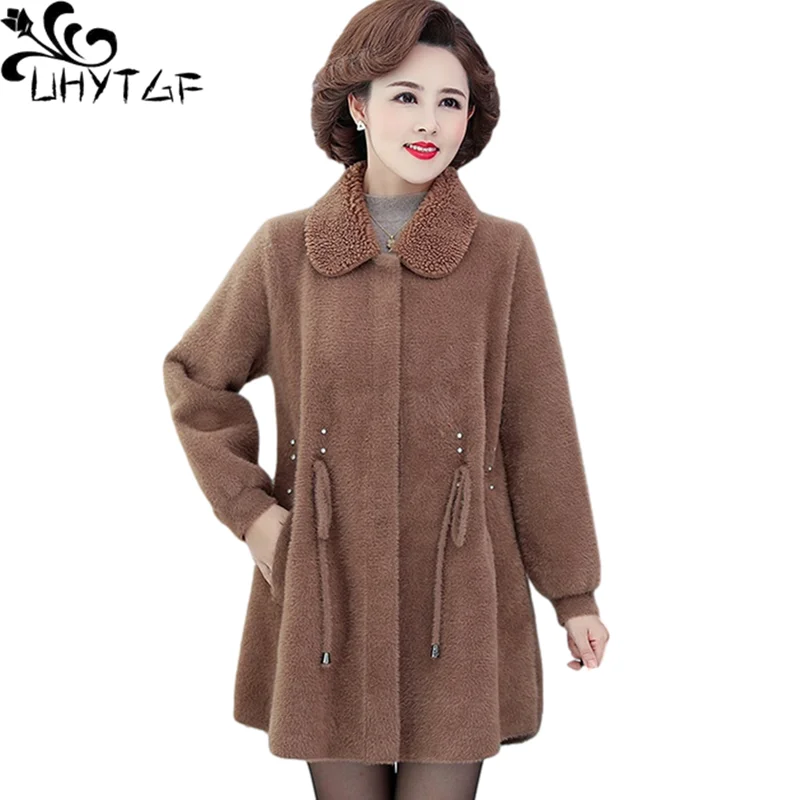 

UHYTGF Jacket Women's Elegant Loose 6XL Big Size Cashmere Outerwear Quality Mink Fleece Autumn Winter Woolen Coat Female 1133