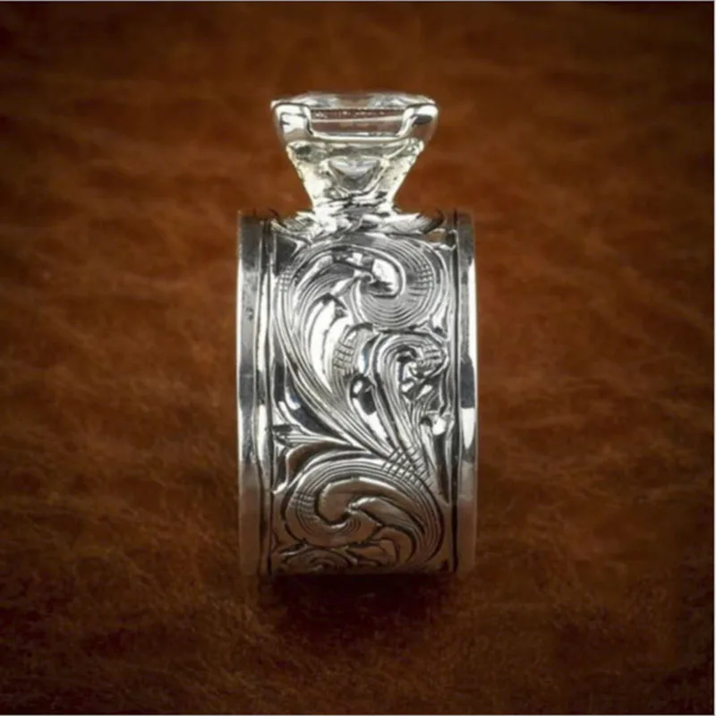 Popular Silver Color Carved Pattern Inlaid White Cubic Zircon Men\'s Ring for Female Party Jewelry Accessories Size 5-10
