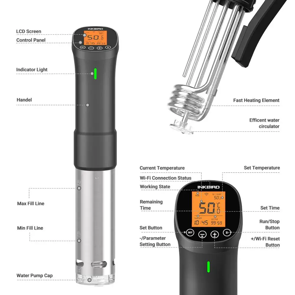 INKBIRD ISV-200W Wi-Fi 1000W Powerful&Durable Culinary Sous Vide with Stainless Steel Immersion Circulator LCD Screen Free APP