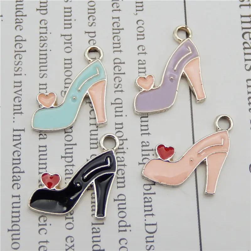 Julie Wang 8PCS Enamel High Heels Charms Mixed Colors Heart Women Shoes Alloy Earrings Bracelet Jewelry Making Accessory