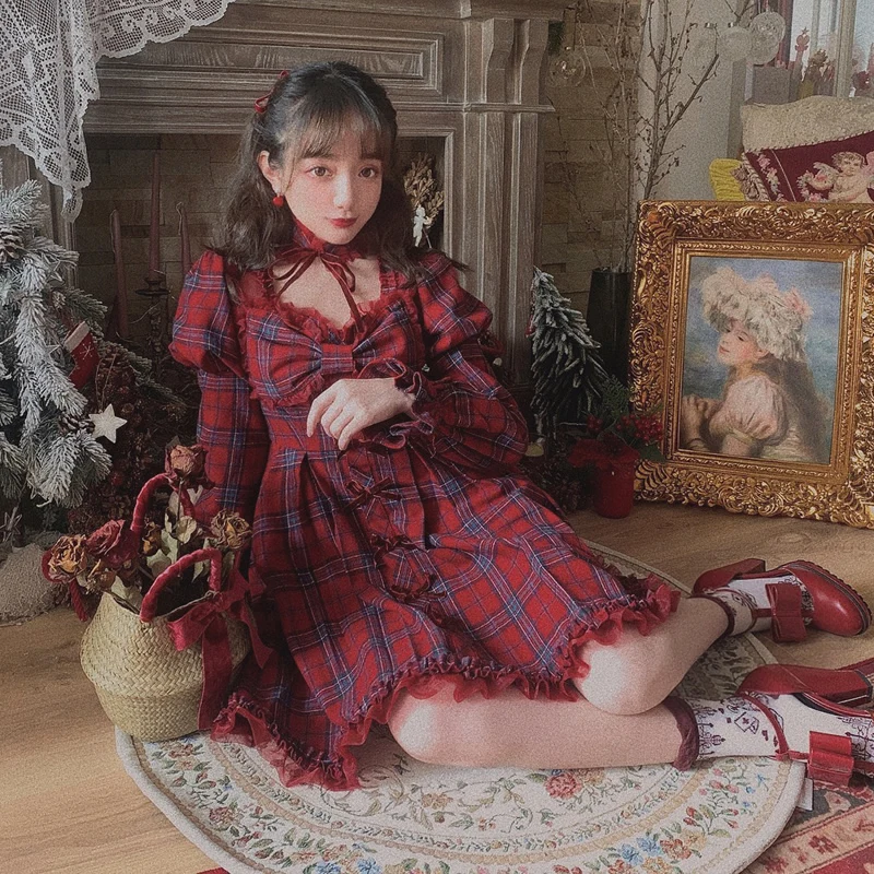 Princess sweet lolita dress Bobon21 Japanese sweet soft sister vintage dress Christmas Red Plaid Bow Dress fashion women D1828