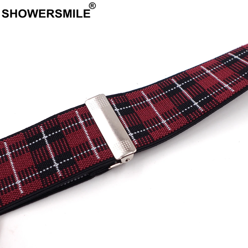 SHOWERSMILE Mens Trouser Braces British Red Plaid Suspenders 6 Clips Jacquard Business Formal Elastic Leather Male Pants Strap