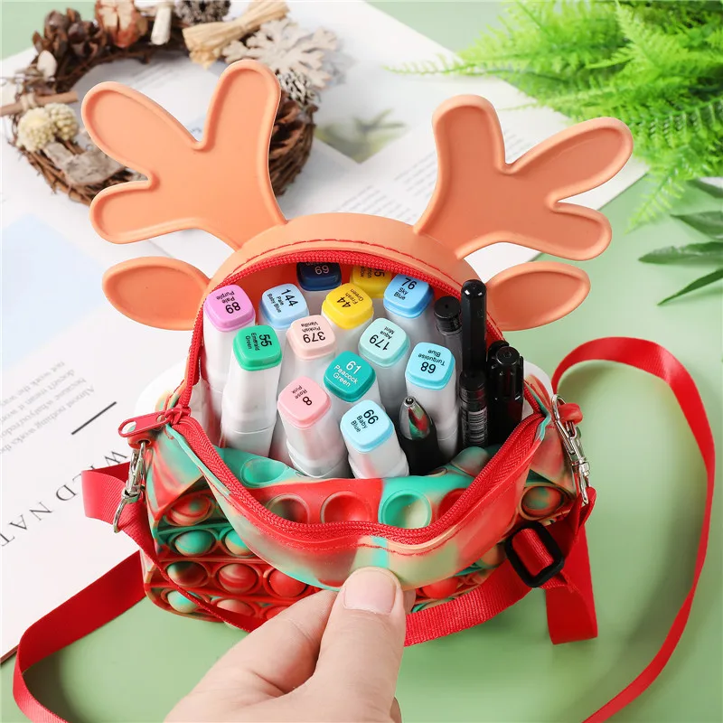 Cute New Elk Messenger Bag Fidget Toys Push Bubble Dimple Antistress Children Toy Keychain Wallet Toys For Girl Bags Xmas Gift