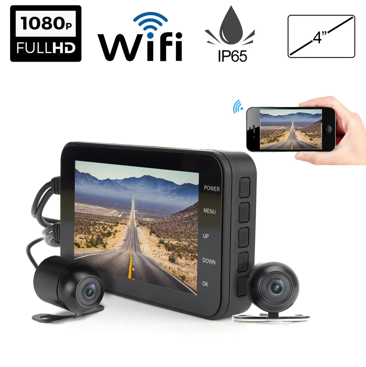 

FHD 1080P Waterproof WiFi Camera 4" Motorcycle DVR Front Rear Dual Camera Driving Video Recorder Dash Cam Moto Bike HD