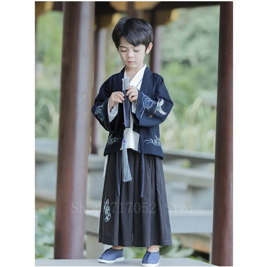 Asian Japanese Style Traditional Clothes Kimono Set Boy Fancy Streetwear Breathable Yukata Embroidery Fashion Hanfu Loose Outfit