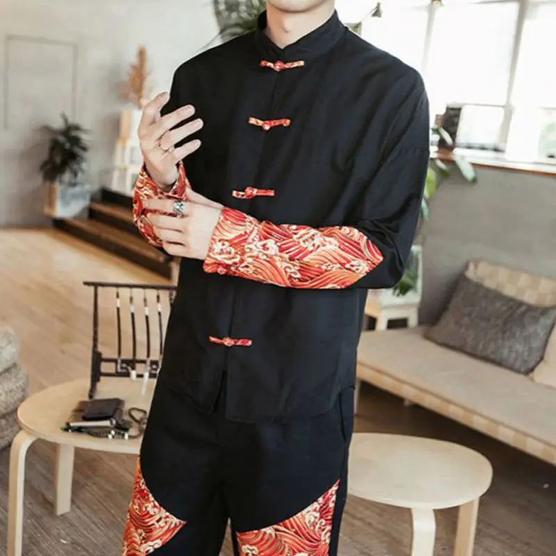 Spring 2022 New Men's Shirt Splice High Quality Chinese-style Stand Collar Plate Button Tang Fashion Shirt Man