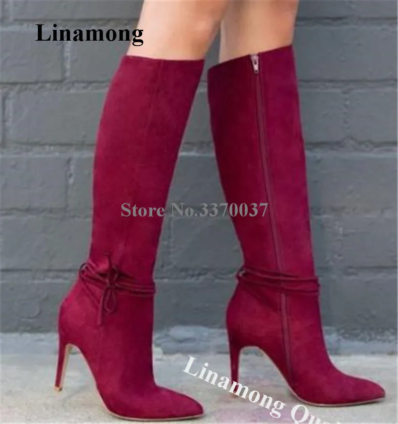 Linamong Women Elegant Pointed Toe Suede Leather Stiletto Heel Knee High Boots Ankle Straps Long High Heel Boots Dress Shoes