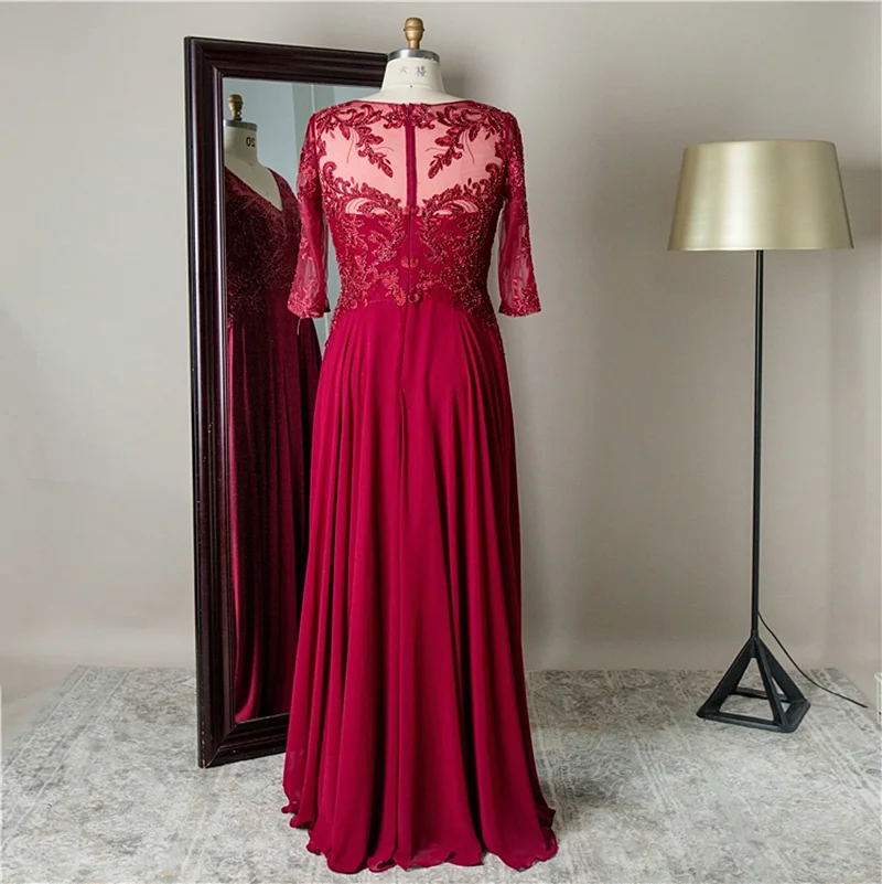 Wine Red Chiffon Vestidos Mãe Para O Casamento Até O Chão Com Decote Em V Illusion Voltar Laces Apliques Metade Mangas коктейльные платья