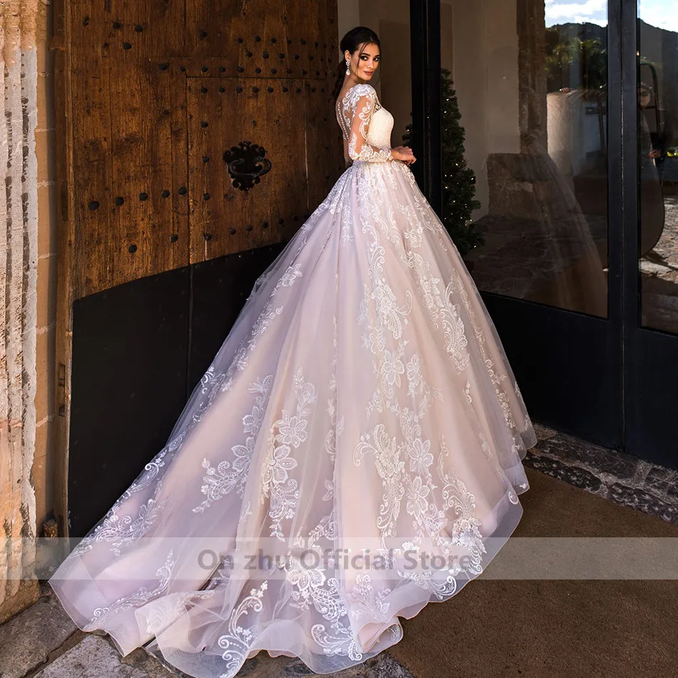 Vestidos De novia De manga larga De lujo, Vestido De novia De playa, línea A, apliques románticos, botón De tul, Vestido De novia De princesa