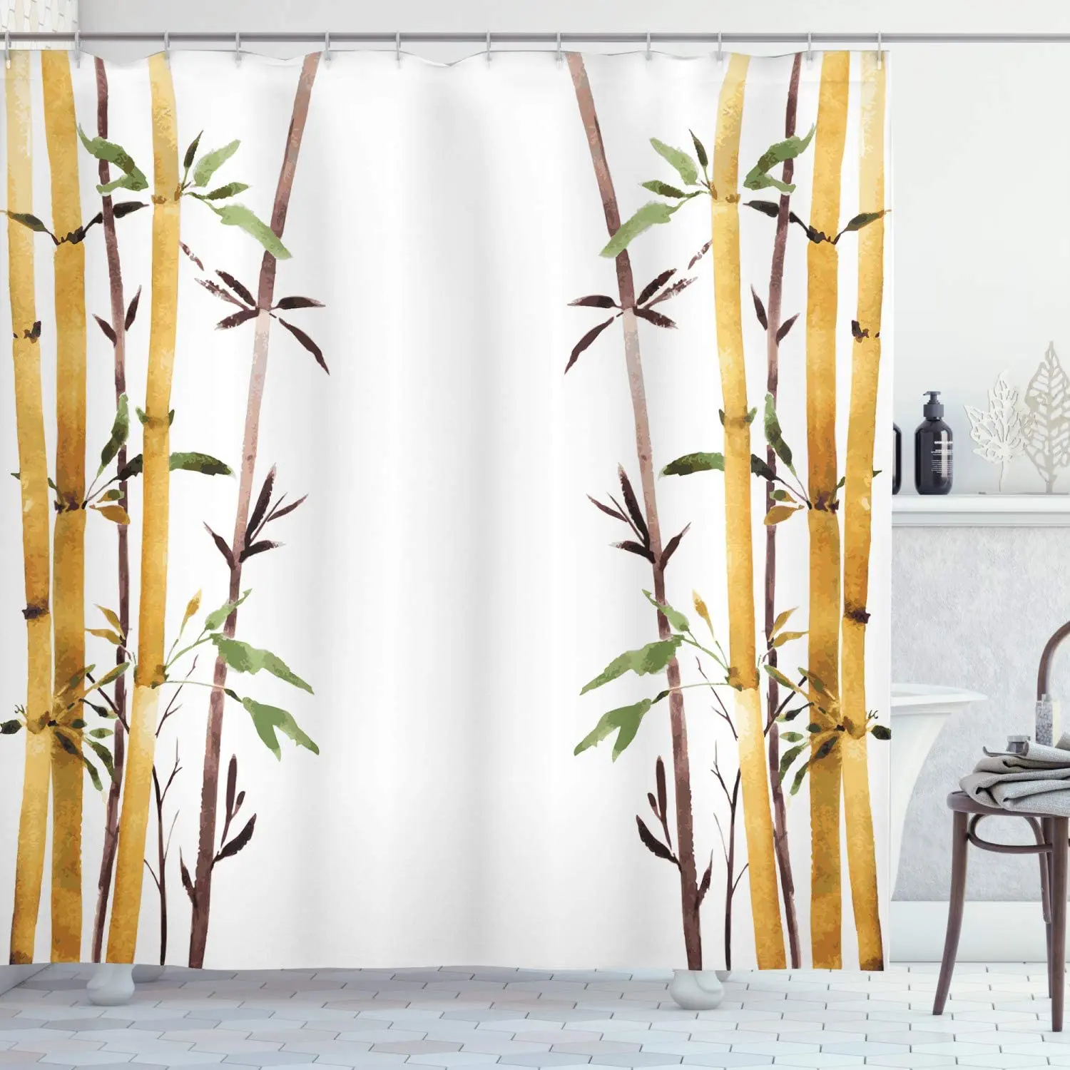 Cortinas de ducha de bambú, juego de Tela de decoración de baño, para calmar la mente, ralentizar la relajación, estilo dibujado a mano