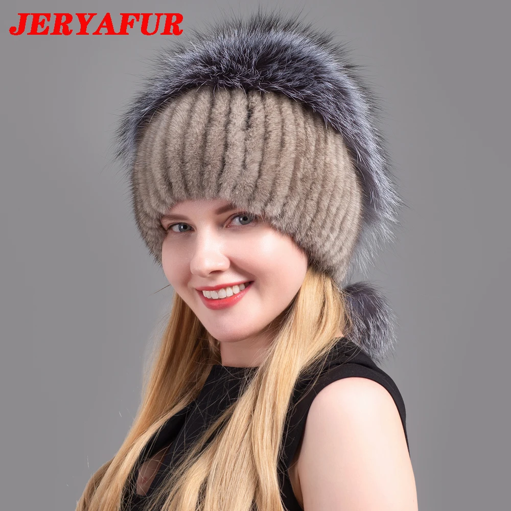 JERYAFUR Women\'s Fur Hats Fluffy Winter Warm Knitted Natural Mink Fur Hats Fashion Top Hats Women\'s Natural Fur Hats