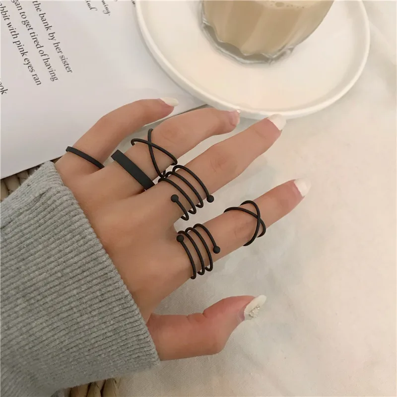 6 Pcs/set Punk Finger Rings Minimalist Smooth Gold Color/black Geometric Metal Rings for Women Girls Party Jewelry Bijoux Femme