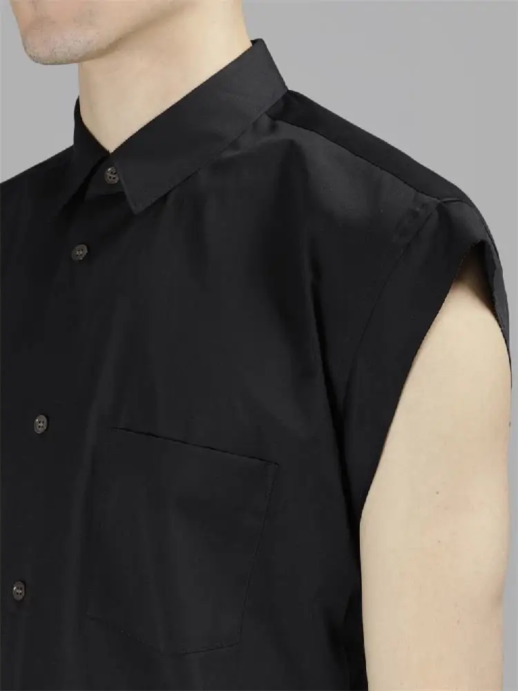 Camisa con solapa de Color sólido para hombre, Camisa sin mangas con diseño de costura, personalidad, tendencia de moda juvenil, novedad de verano