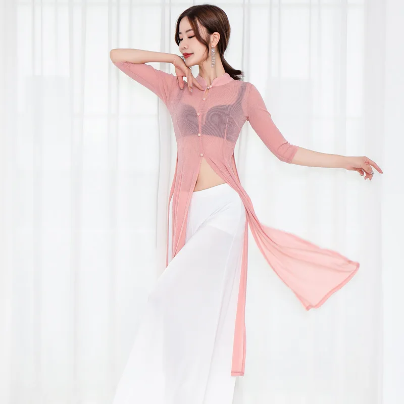 

New Oriental Dance Costumes For Women Modern Folk Dance Practice Colthings Bellydance Suit Cheongsam Ice Silk Pants Dancewear