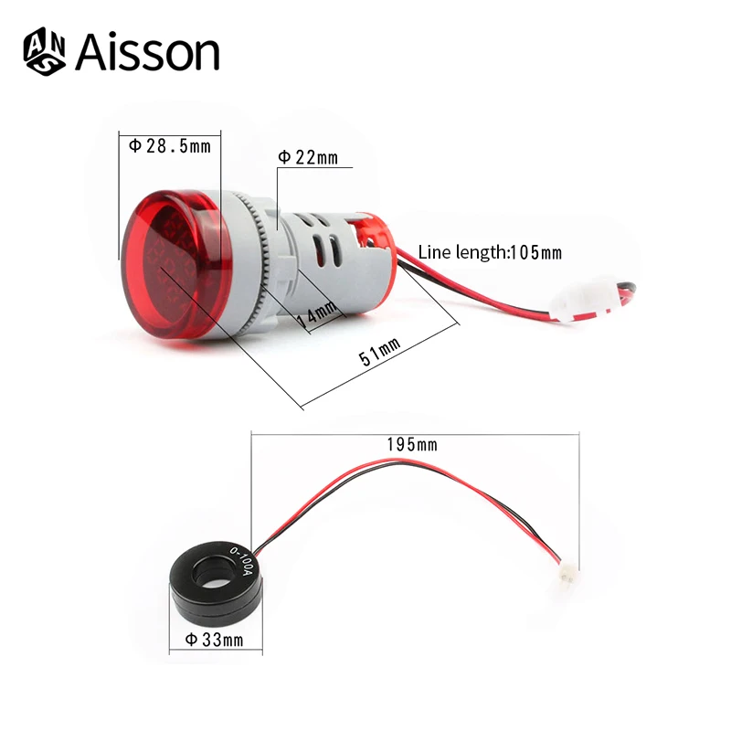 22mm Round LED Ammeter  AC Voltmeter Dual Display Voltage AC60-500V Current 0-100A Meter Indicator