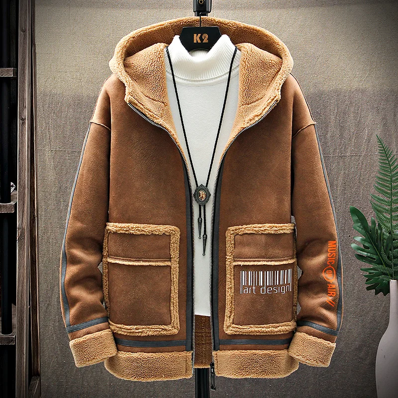 Winter Coat Men's Suede Cotton Lamb Fur Hooded Jacket Fur Coat Punk Style Warm Leather Coat With Plush Inside Parkas