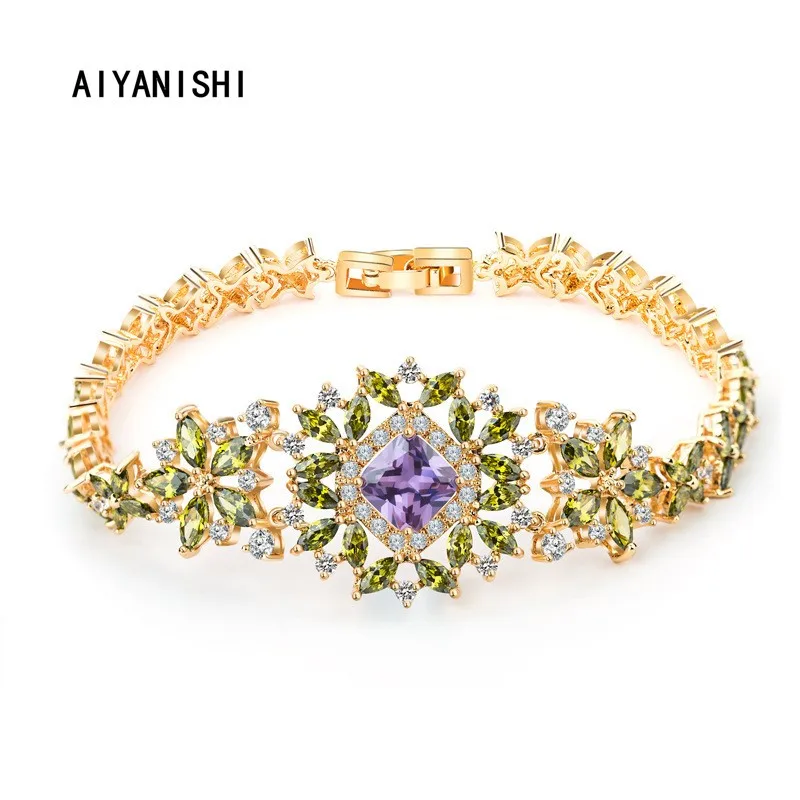 

AIYANISHI 18K Gold Filled Fashion Flower Charm Tennis Bracelets for Women Engagement Party Bracelets Jewelry Pulseira Feminina