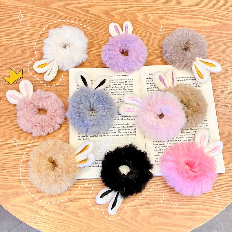 Candy Color Rabbit Fur Rabbit Ears Elastic Hair Bands Plush Scrunchies For Girls Women Cute Fluffy Headwear For Hair Accessories