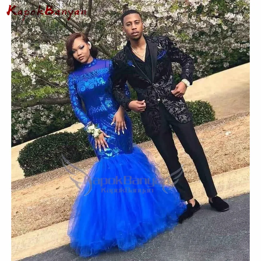 Royal Blue Mermaid Prom Dresses Lange Mouwen Pailletten Tulle Sheer Hals Illusion Zwarte Meisjes Formele Avondjurken Plus Size