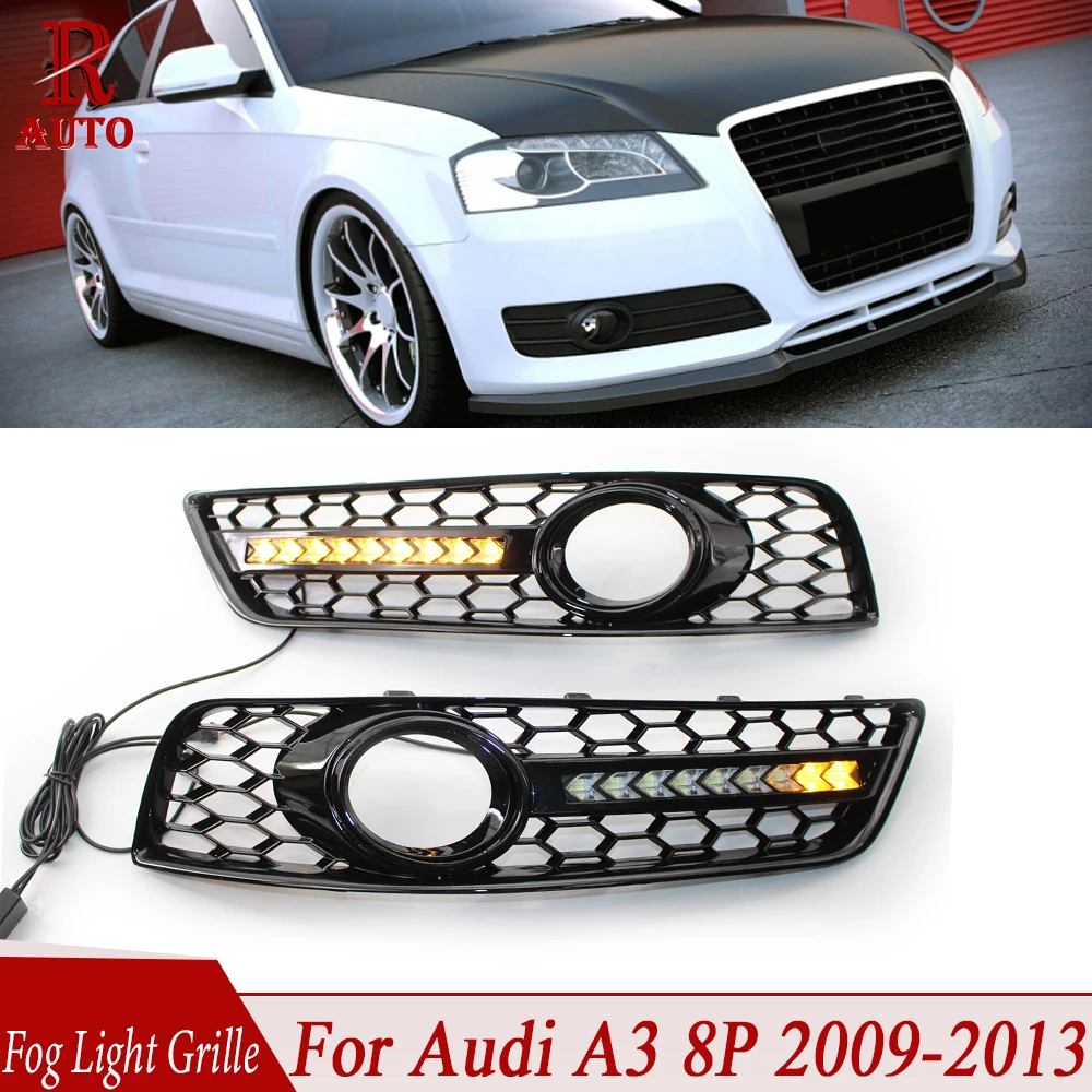 

R-AUTO For Audi A3 8P 8P0807681F 8P0807682E 2009-2013 Right Daytime Running Lights Honeycomb Frame Kit Fog Light Grille