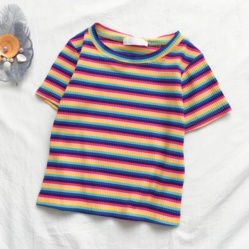 Short Sleeve T-shirts Women Lovely Slim Chic Soft Ulzzang Summer Ladies Crop Top Striped All-match Casual Popular Femme Tees Ins