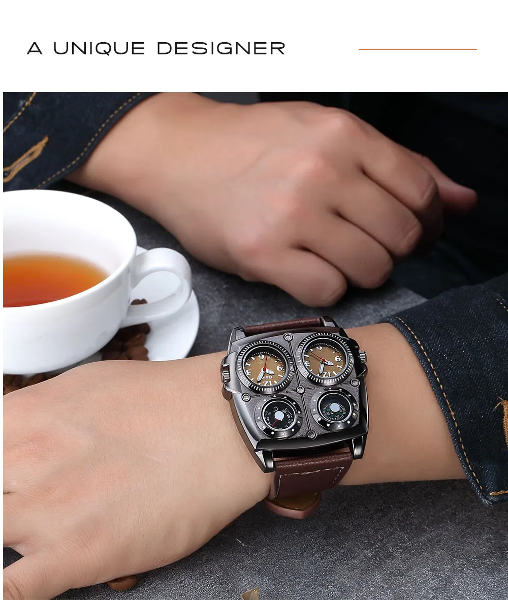 Oulm Men's Watches Two Time Zone Army Pilot Style Watch Big Size Military Quartz Clock Male Leather Strap Wristwatch
