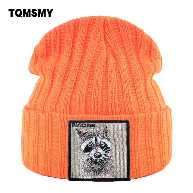 Embroidered Raccoon patch hats for men Knitted wool Beanies Women Winter keep Warm SKullies Beanie Outdoor Ski caps Hip Hop cap