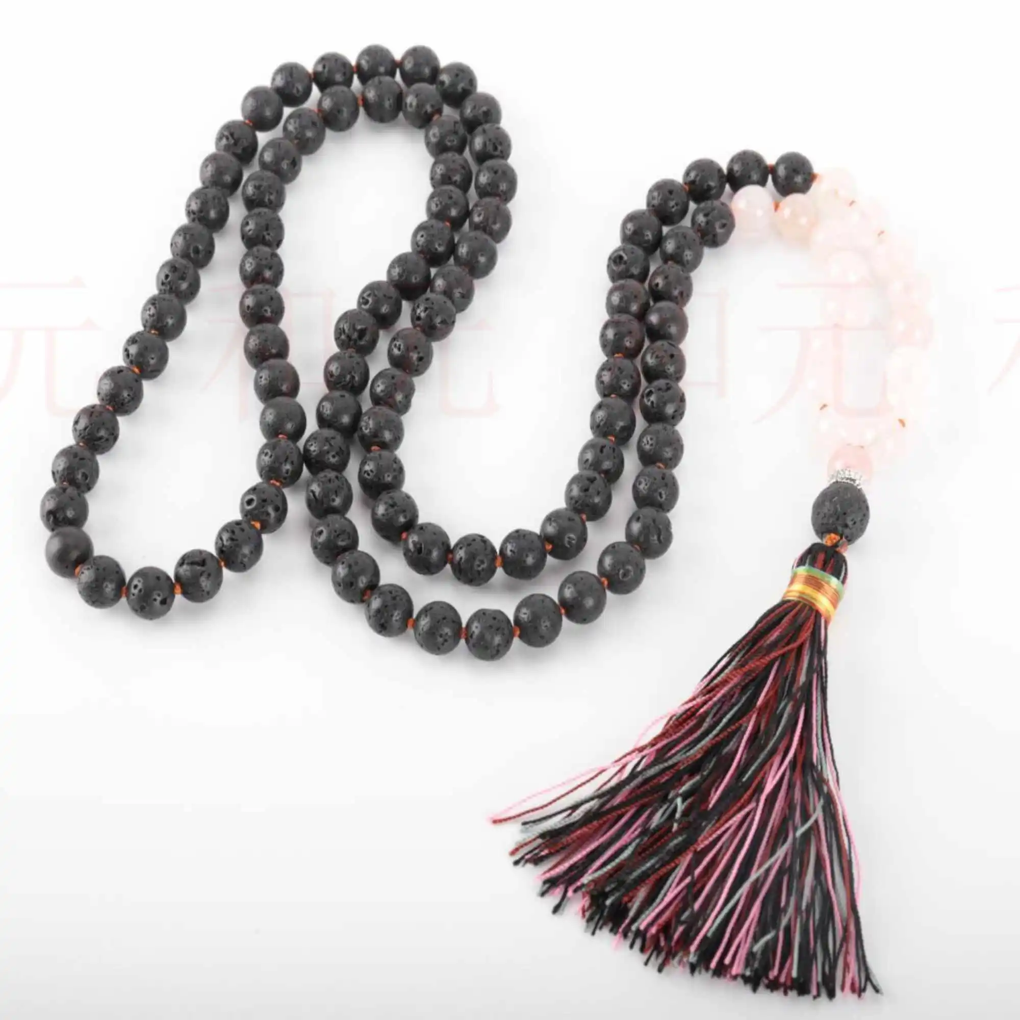 

6mm 108 mala Natural pink Crystal lava gemstone bead necklace Relief Taseel Chain Bohemia Mala Wrist Pray Yoga Mala Dark Matter