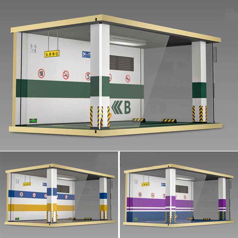 1:18 Scale Simulation Car Garage Model Solid Wood Parking Lot Model Scene Acrylic Display Box With Light Decoration Display Box