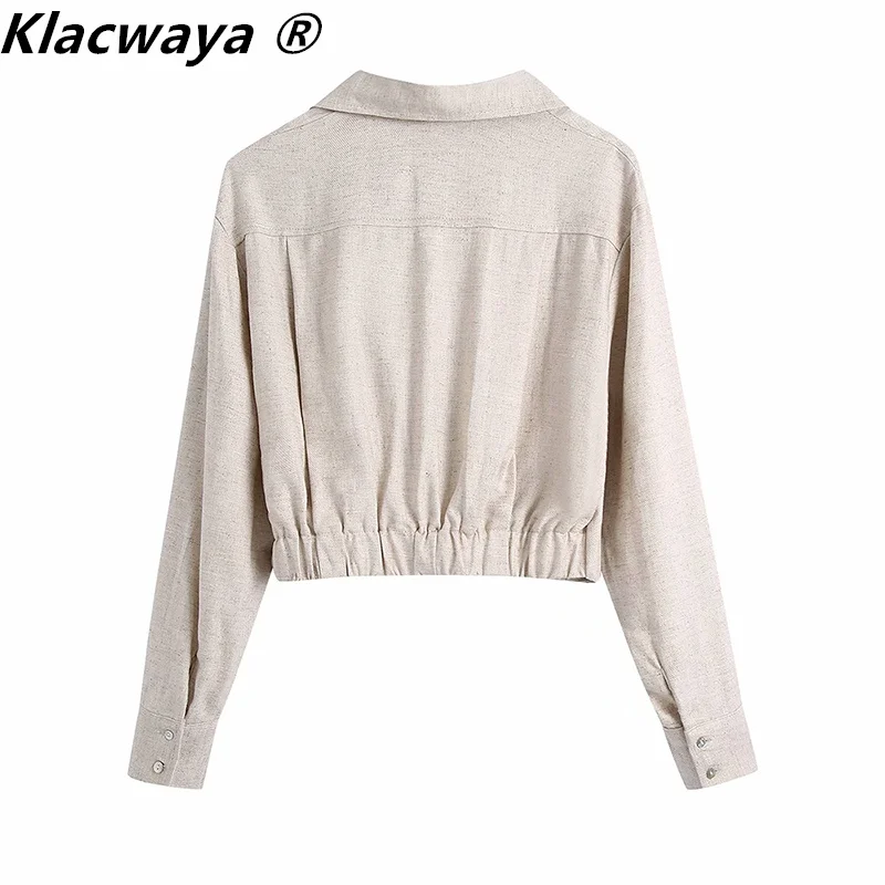 Klacwaya Za Woman 2021 Fashion Pleated Crop Top Blouse Long Sleeve Summer Linen Tops Chic Streetwear Elegant Blouses Mujer